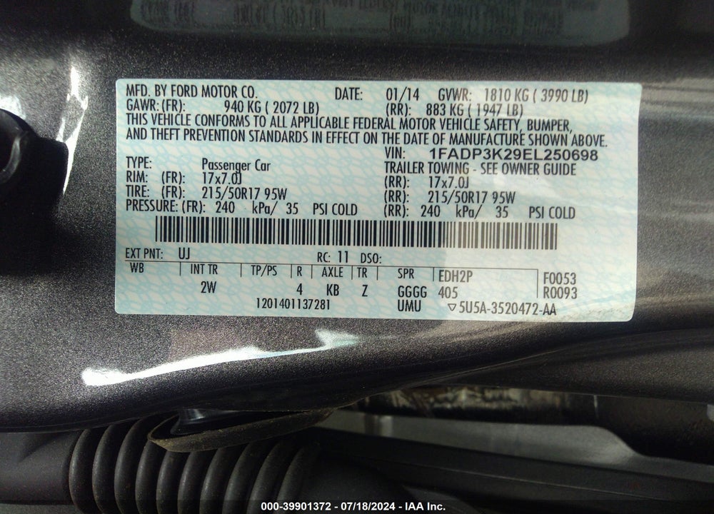 2014 FORD FOCUS SE VIN: 1FADP3K29EL250698