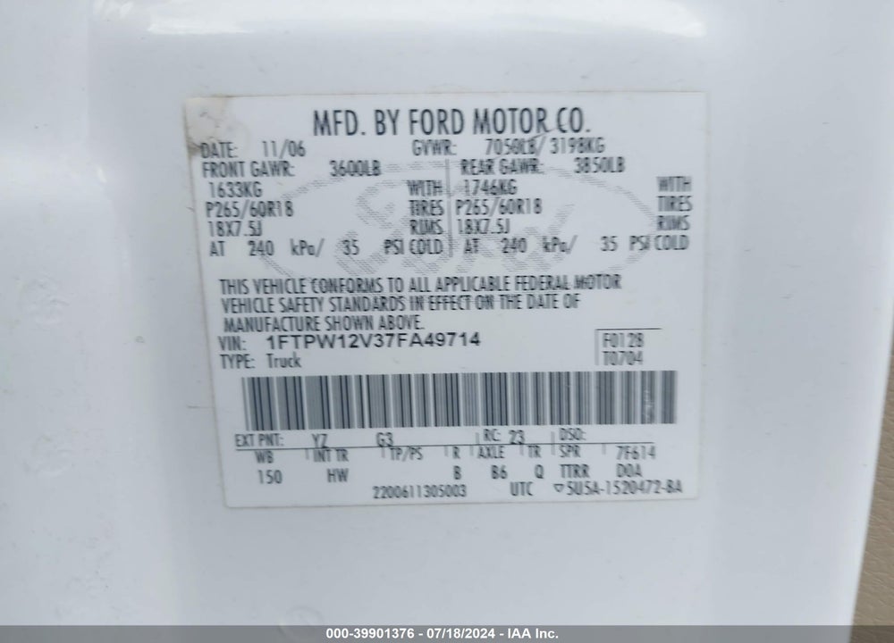 2007 FORD F-150 LARIAT/XLT VIN: 1FTPW12V37FA49714