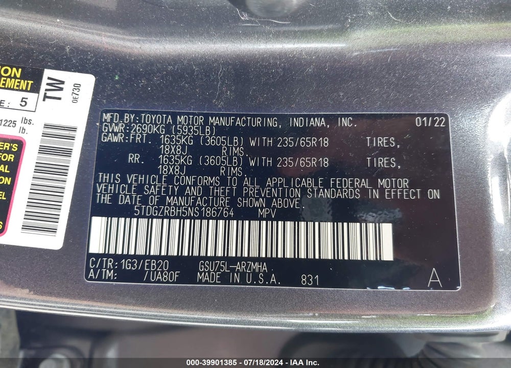 2022 TOYOTA HIGHLANDER XLE VIN: 5TDGZRBH5NS186764