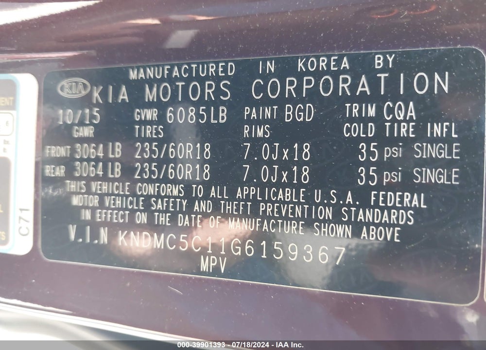 2016 KIA SEDONA EX VIN: KNDMC5C11G6159367