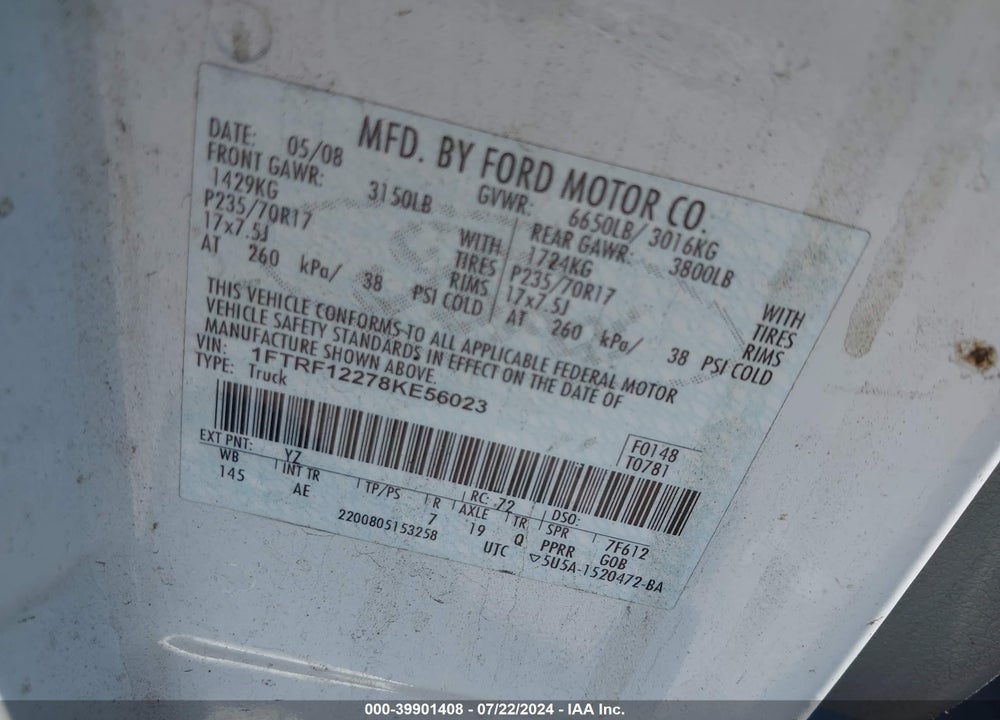 2008 FORD F-150 STX/XL/XLT VIN: 1FTRF12278KE56023