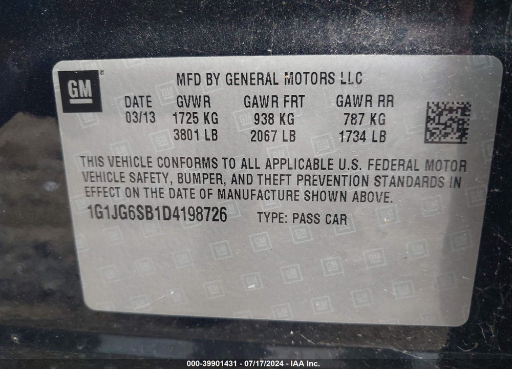 2013 CHEVROLET SONIC RS AUTO VIN: 1G1JG6SB1D4198726