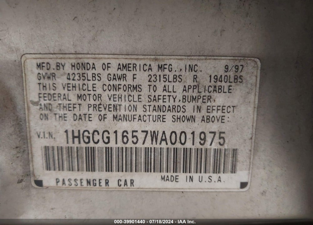 1998 HONDA ACCORD EX V6 VIN: 1HGCG1657WA001975