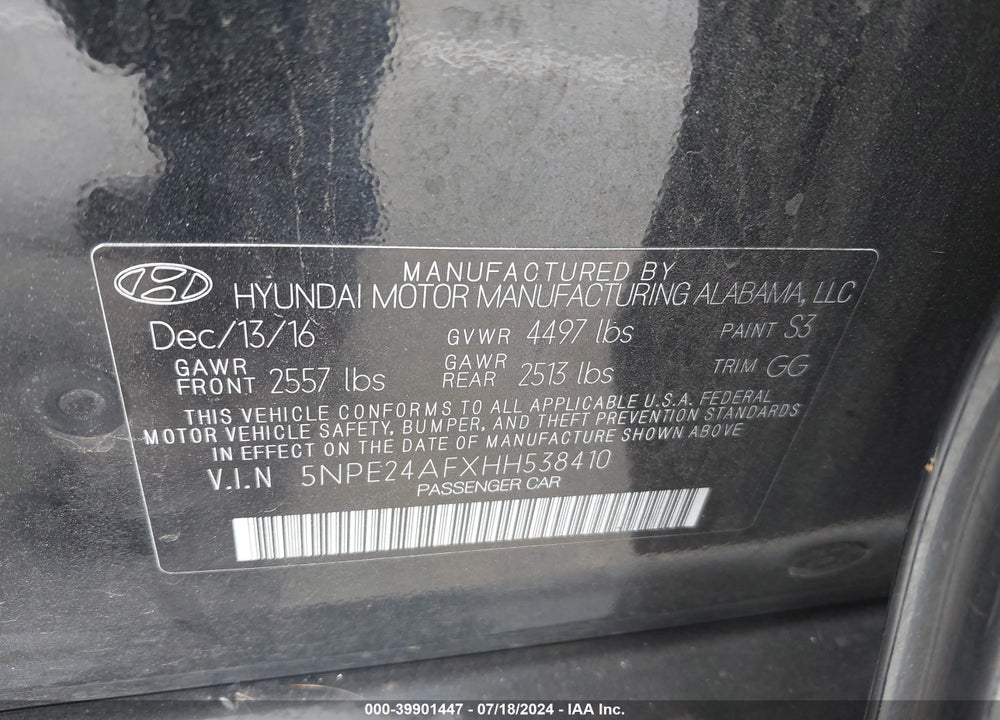 2017 HYUNDAI SONATA SE VIN: 5NPE24AFXHH538410