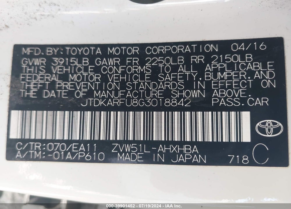 2016 TOYOTA PRIUS VIN: JTDKARFU8G3018842