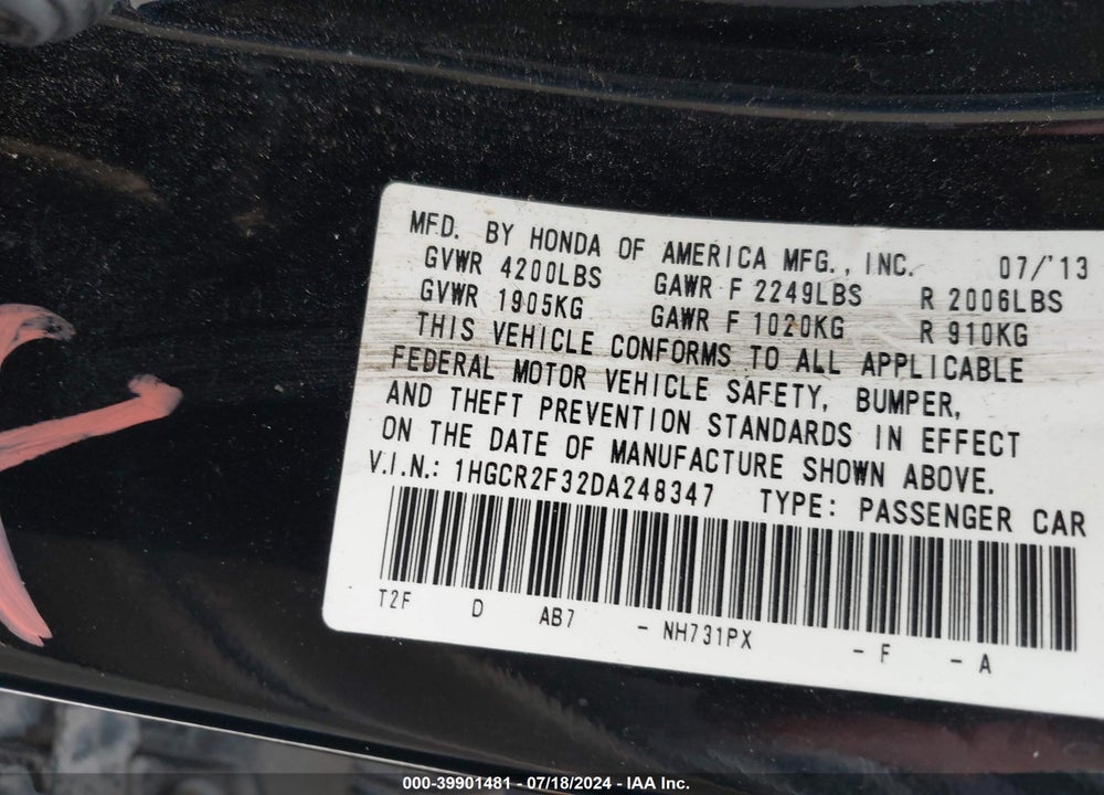 2013 HONDA ACCORD LX VIN: 1HGCR2F32DA248347