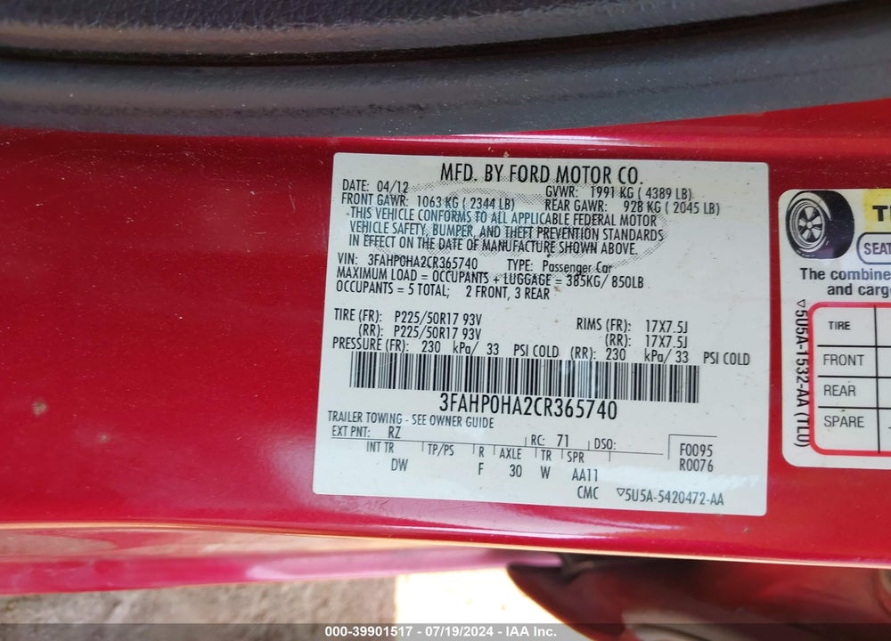 2012 FORD FUSION SE VIN: 3FAHP0HA2CR365740