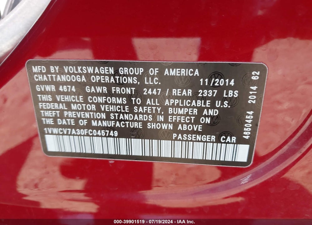 2015 VOLKSWAGEN PASSAT 2.0L TDI SEL PREMIUM VIN: 1VWCV7A30FC045749