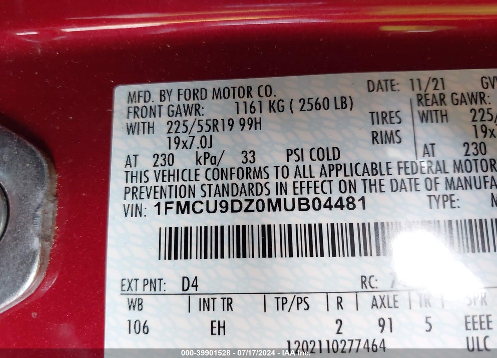 2021 FORD ESCAPE TITANIUM HYBRID VIN: 1FMCU9DZ0MUB04481