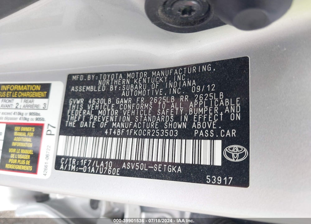 2012 TOYOTA CAMRY XLE VIN: 4T4BF1FK0CR253503