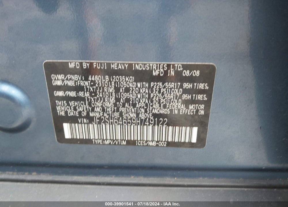 2009 SUBARU FORESTER 2.5X LIMITED VIN: JF2SH64659H749122