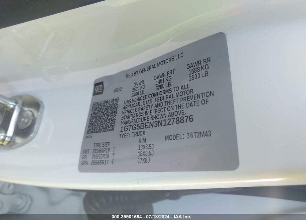 2022 GMC CANYON 2WD SHORT BOX ELEVATION STANDARD VIN: 1GTG5BEN3N1278876