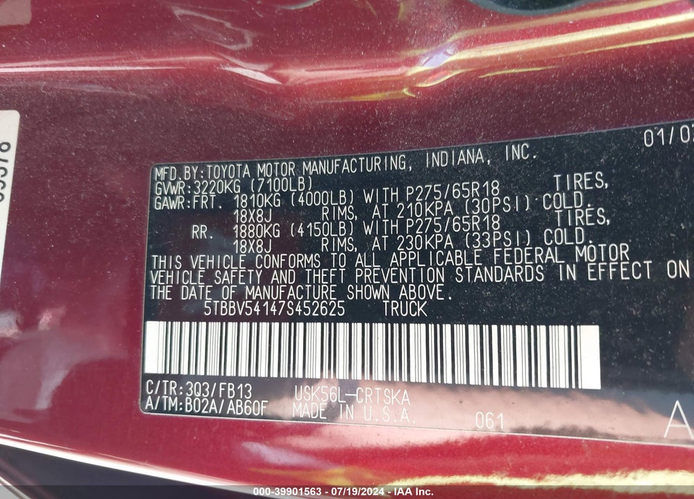 2007 TOYOTA TUNDRA SR5 5.7L V8 VIN: 5TBBV54147S452625