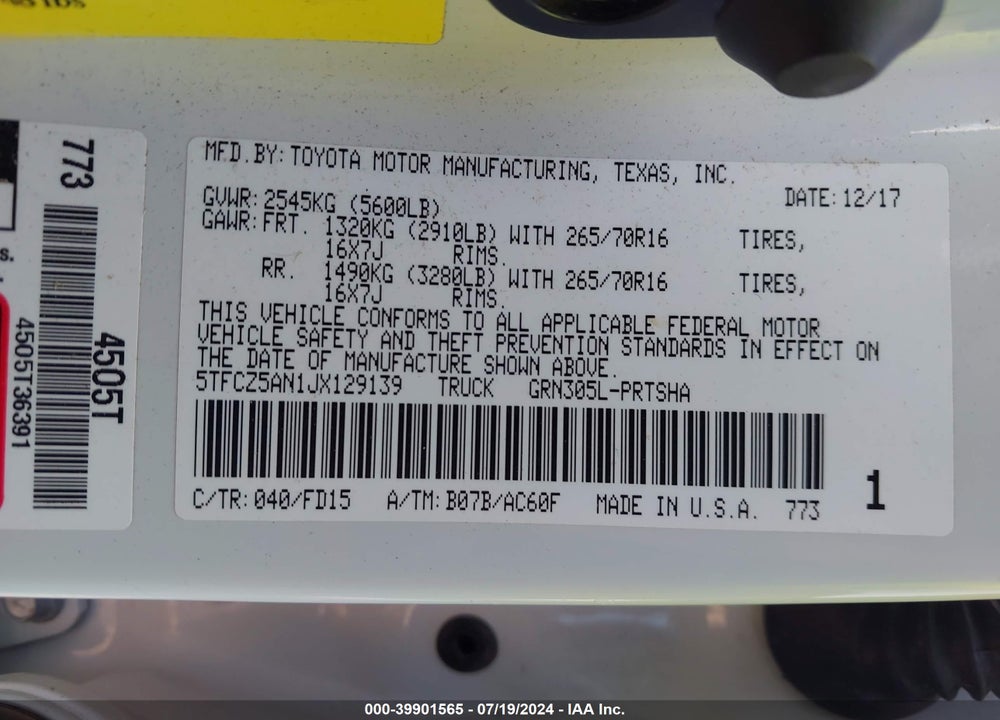 2018 TOYOTA TACOMA TRD OFF ROAD VIN: 5TFCZ5AN1JX129139