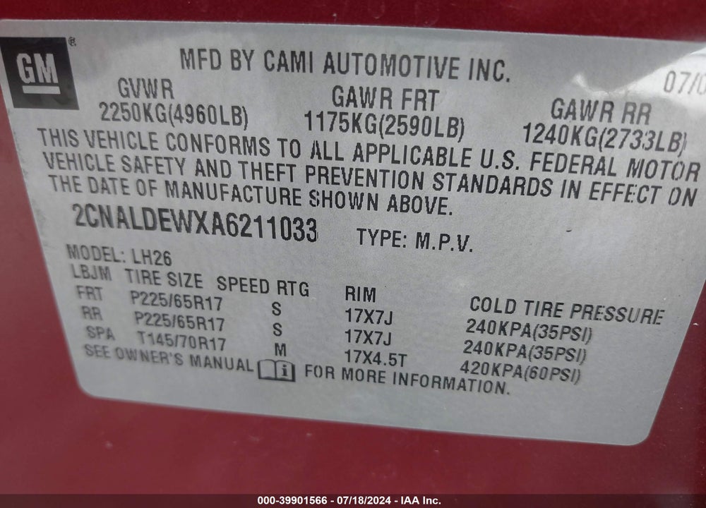 2010 CHEVROLET EQUINOX LT VIN: 2CNALDEWXA6211033