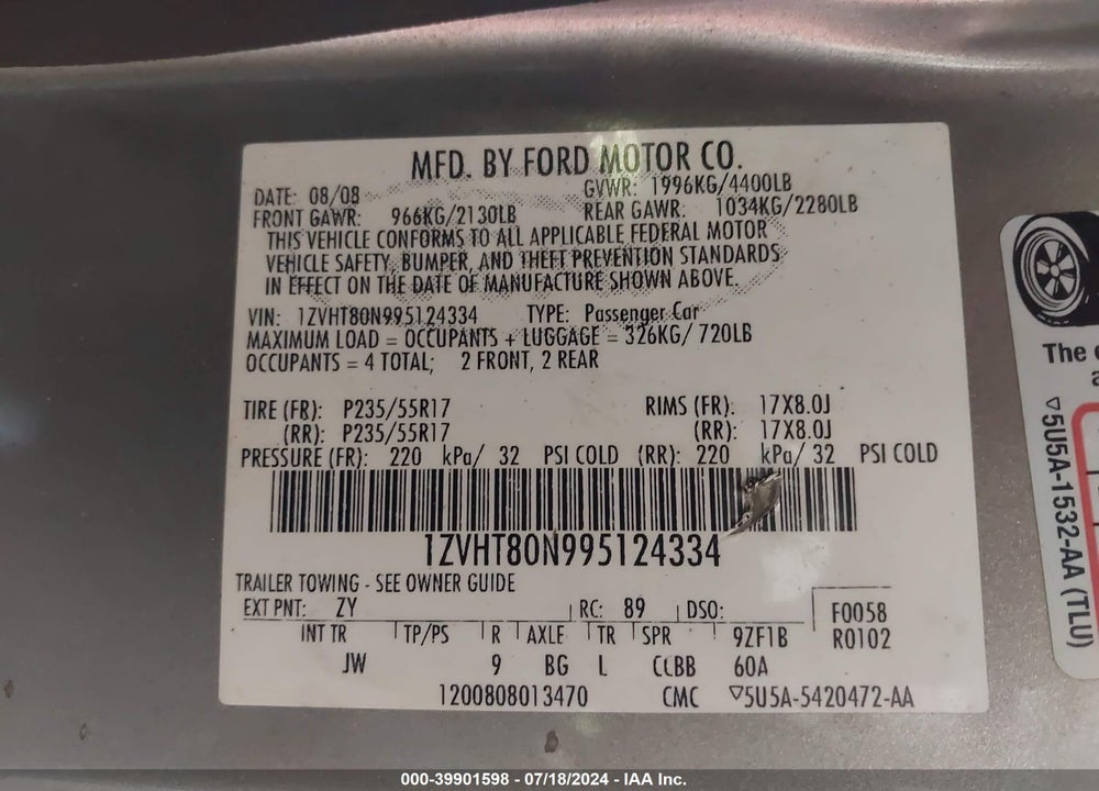2009 FORD MUSTANG V6/V6 PREMIUM VIN: 1ZVHT80N995124334