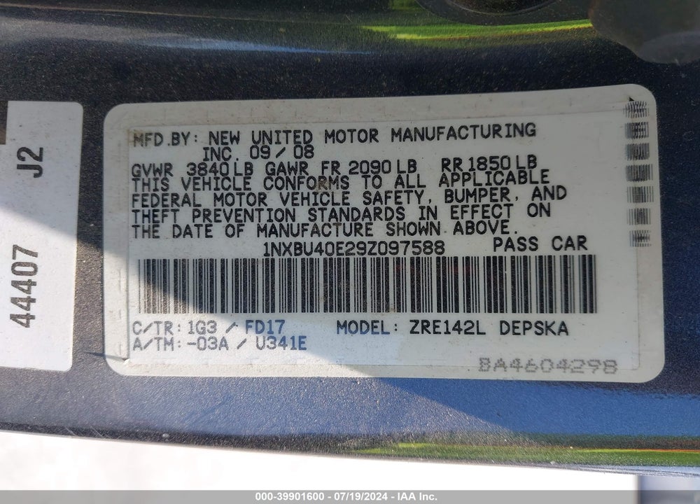 2009 TOYOTA COROLLA S VIN: 1NXBU40E29Z097588