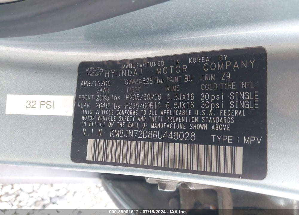 2006 HYUNDAI TUCSON GLS/LIMITED VIN: KM8JN72D86U448028