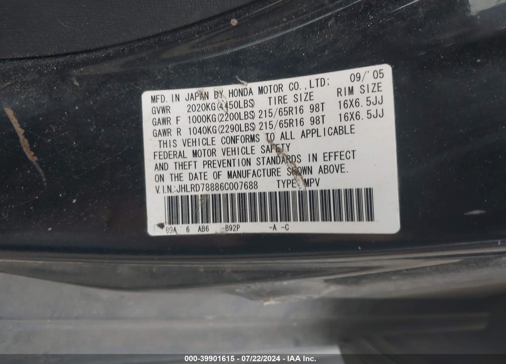 2006 HONDA CR-V EX VIN: JHLRD78886C007688