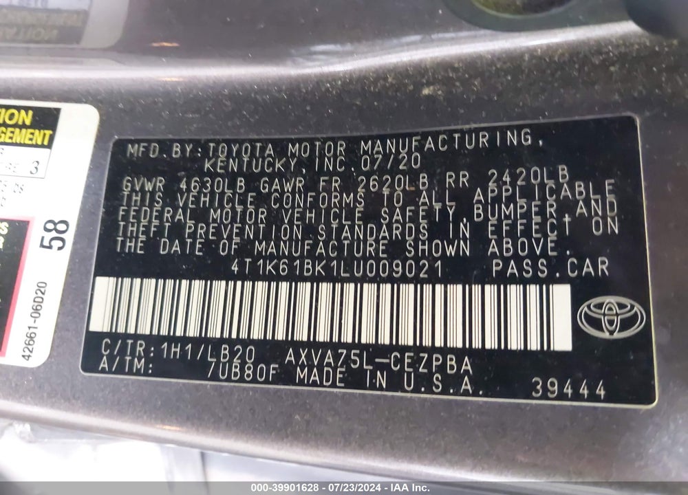 2020 TOYOTA CAMRY XSE AWD VIN: 4T1K61BK1LU009021