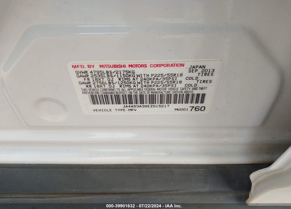 2014 MITSUBISHI OUTLANDER SE VIN: JA4AD3A3XEZ015217