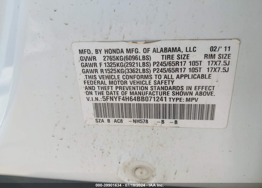 2011 HONDA PILOT EX-L VIN: 5FNYF4H64BB071241
