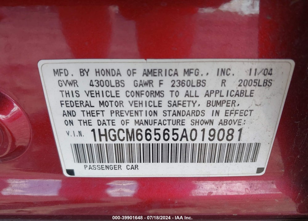 2005 HONDA ACCORD 3.0 EX VIN: 1HGCM66565A019081