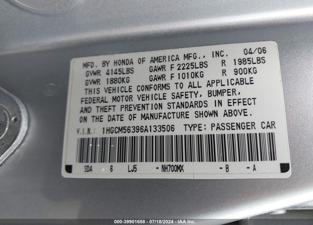 2006 HONDA ACCORD VIN: 1HGCM56396A133506