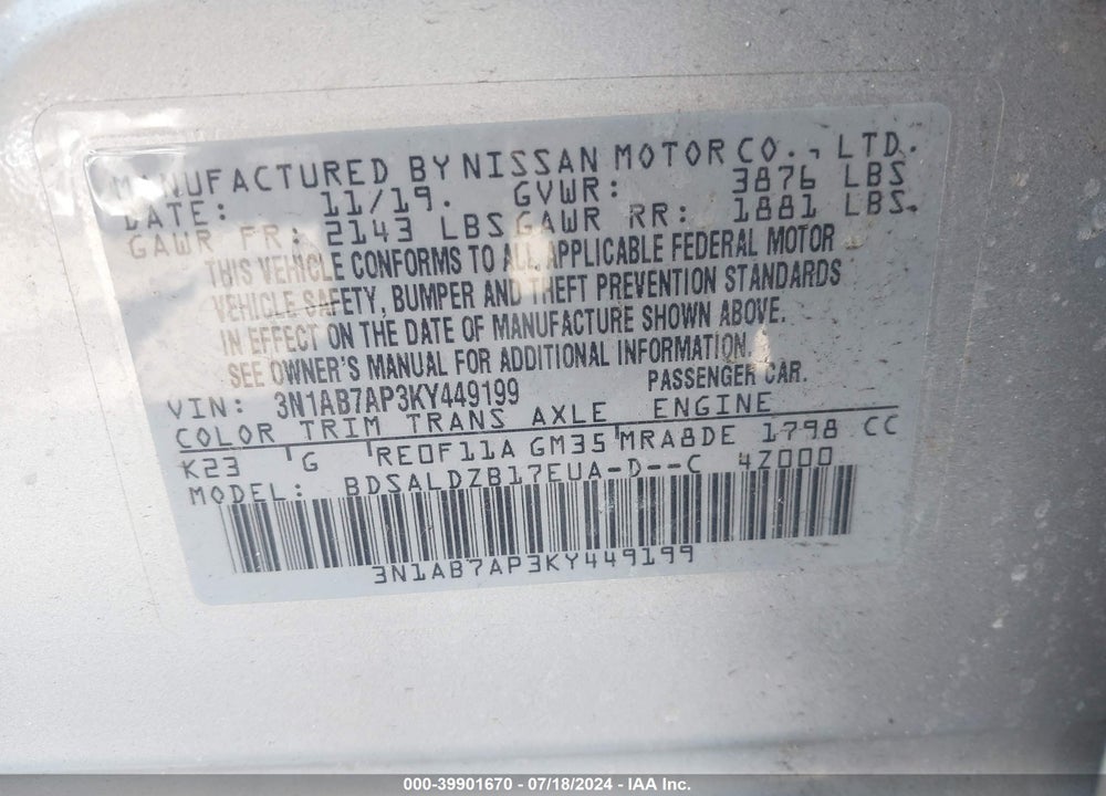 2019 NISSAN SENTRA SV VIN: 3N1AB7AP3KY449199