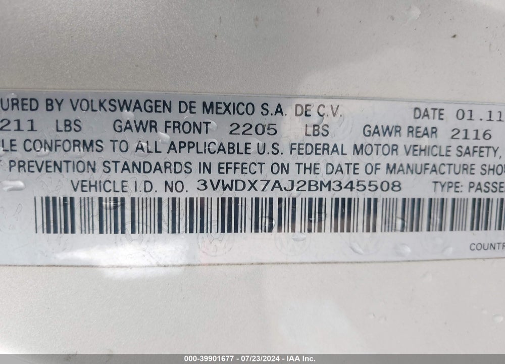 2011 VOLKSWAGEN JETTA 2.5L SE VIN: 3VWDX7AJ2BM345508