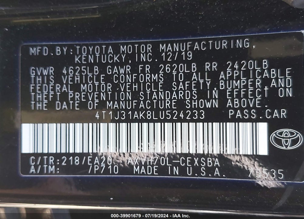 2020 TOYOTA CAMRY SE HYBRID VIN: 4T1J31AK8LU524233
