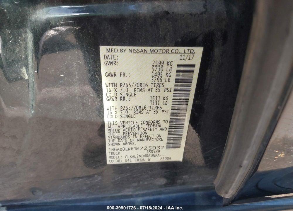 2018 NISSAN FRONTIER SV VIN: 1N6AD0ER6JN725037
