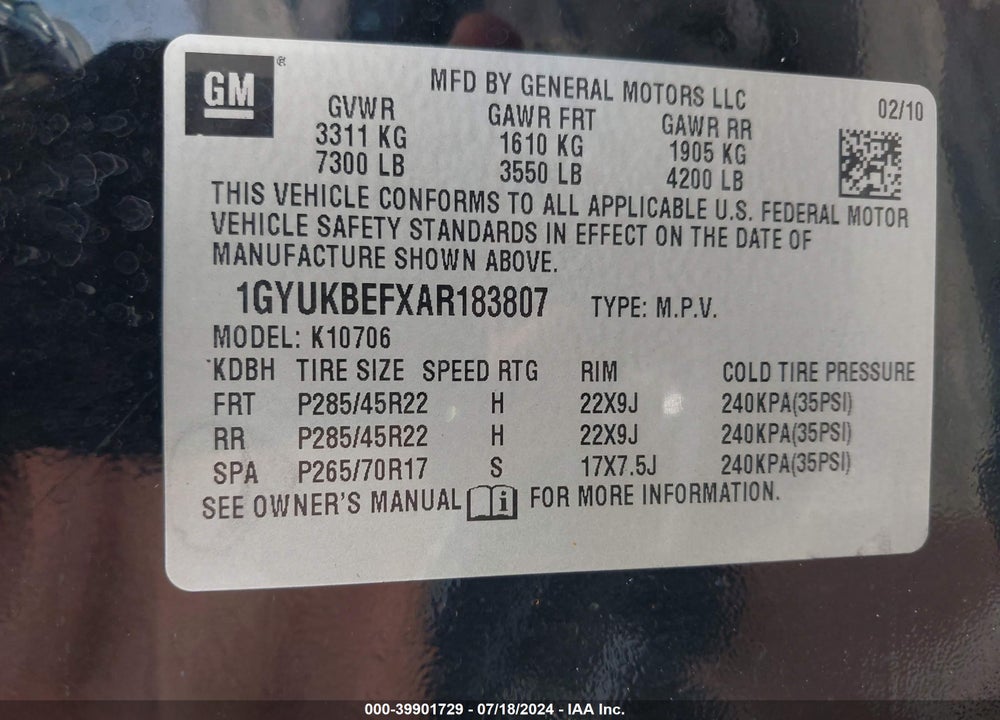 2010 CADILLAC ESCALADE LUXURY VIN: 1GYUKBEFXAR183807