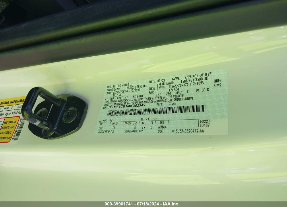 2021 FORD F-150 XL VIN: 1FTMF1CB1MKD02345