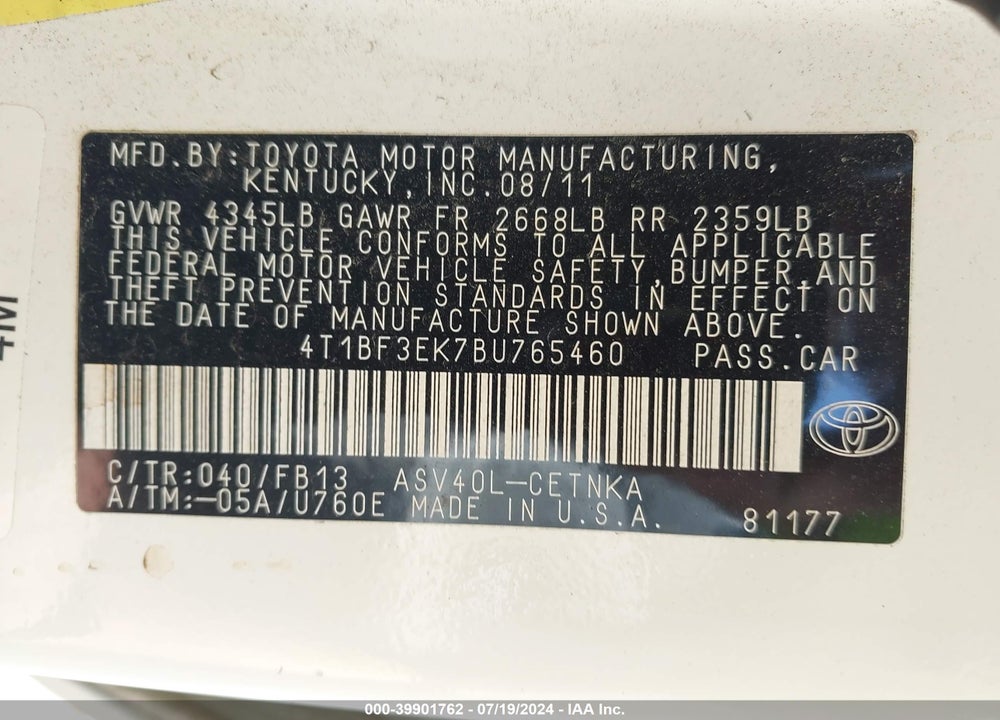 2011 TOYOTA CAMRY LE VIN: 4T1BF3EK7BU765460