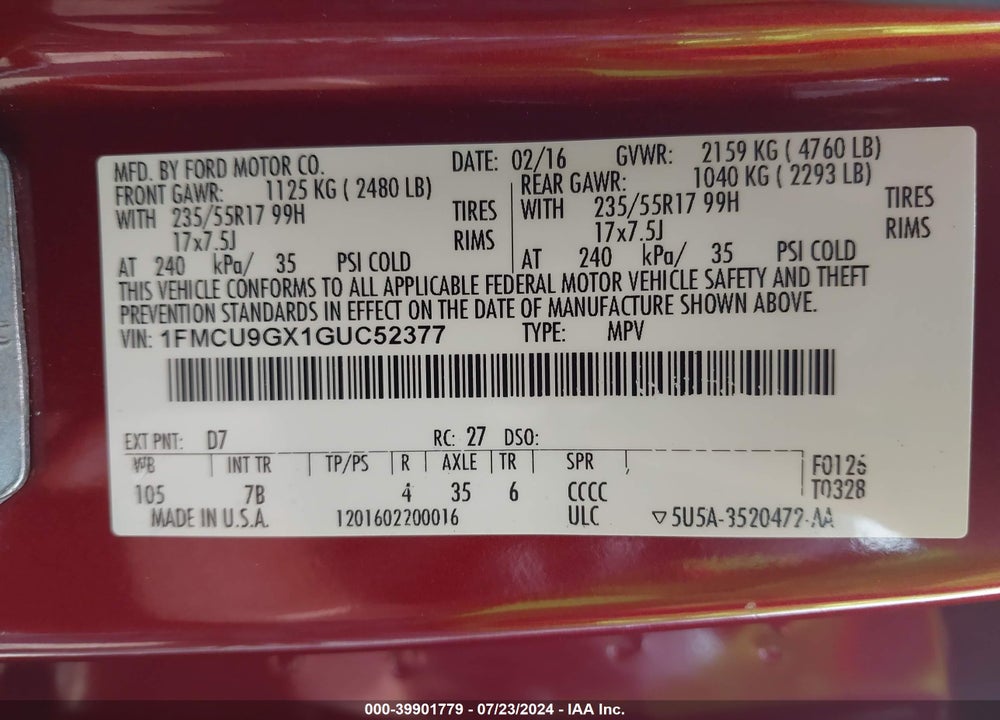 2016 FORD ESCAPE SE VIN: 1FMCU9GX1GUC52377