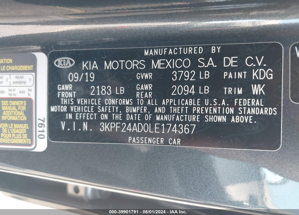 2020 KIA FORTE LXS VIN: 3KPF24AD0LE174367