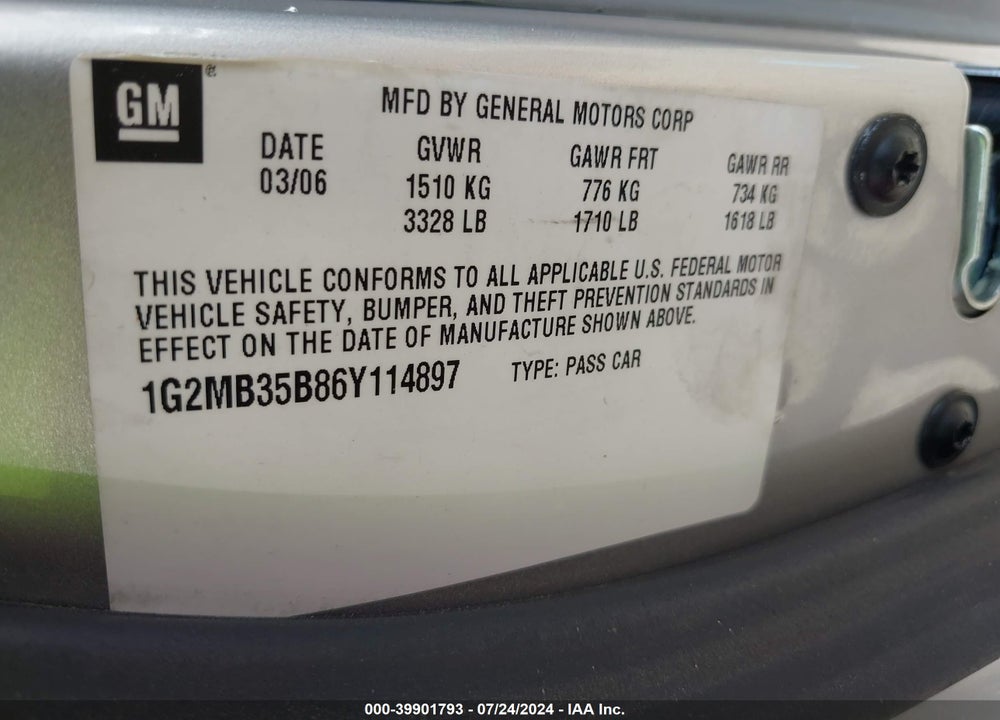 2006 PONTIAC SOLSTICE VIN: 1G2MB35B86Y114897