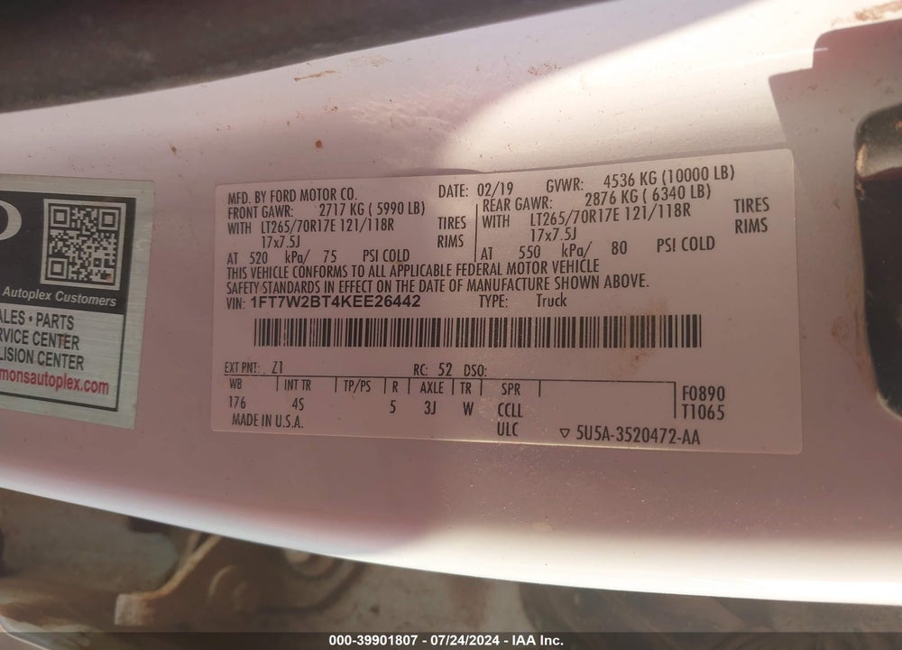 2019 FORD F-250 XL VIN: 1FT7W2BT4KEE26442