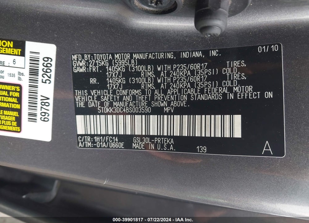 2011 TOYOTA SIENNA LE V6 VIN: 5TDKK3DC4BS003590