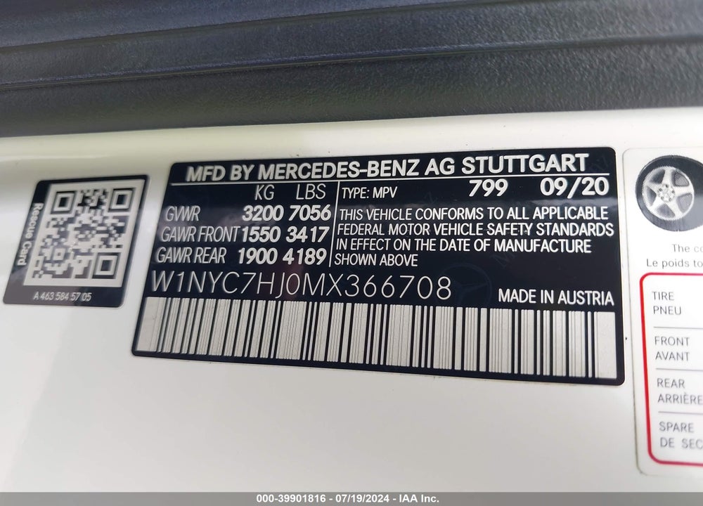 2021 MERCEDES-BENZ AMG G 63 4MATIC VIN: W1NYC7HJ0MX366708