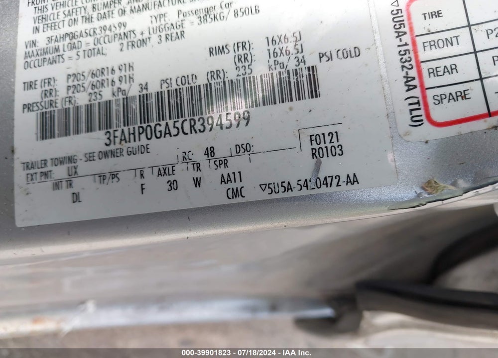 2012 FORD FUSION S VIN: 3FAHP0GA5CR394599