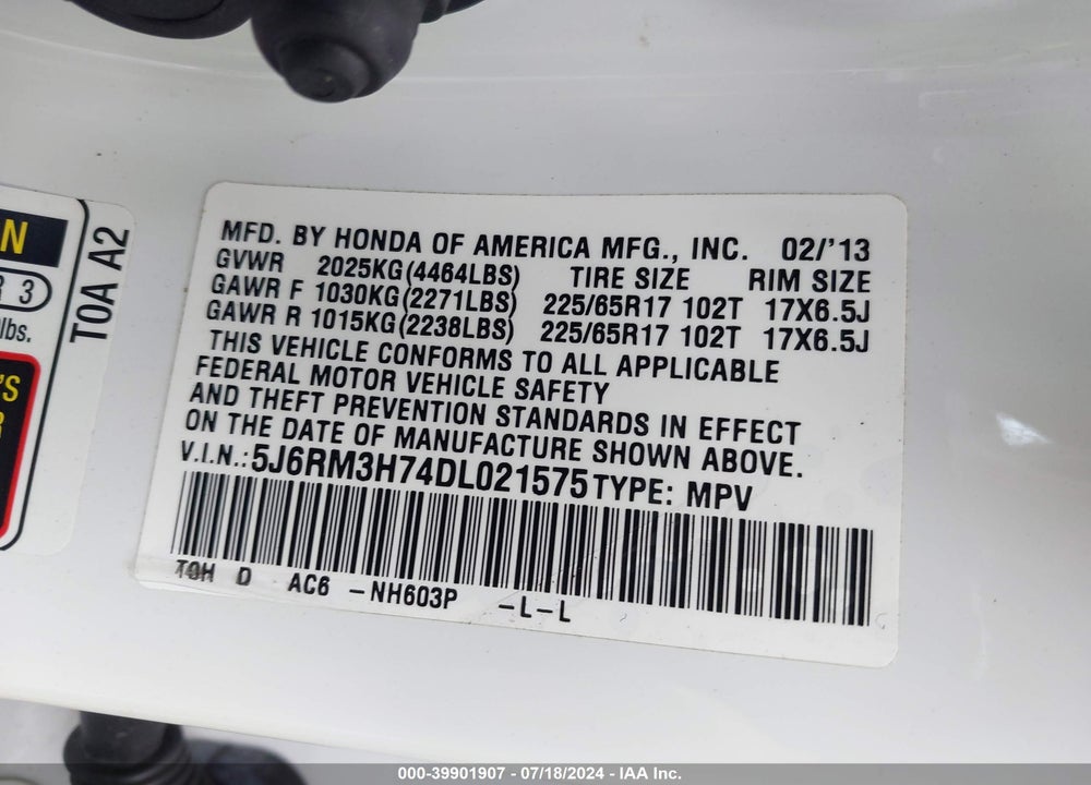2013 HONDA CR-V EX-L VIN: 5J6RM3H74DL021575
