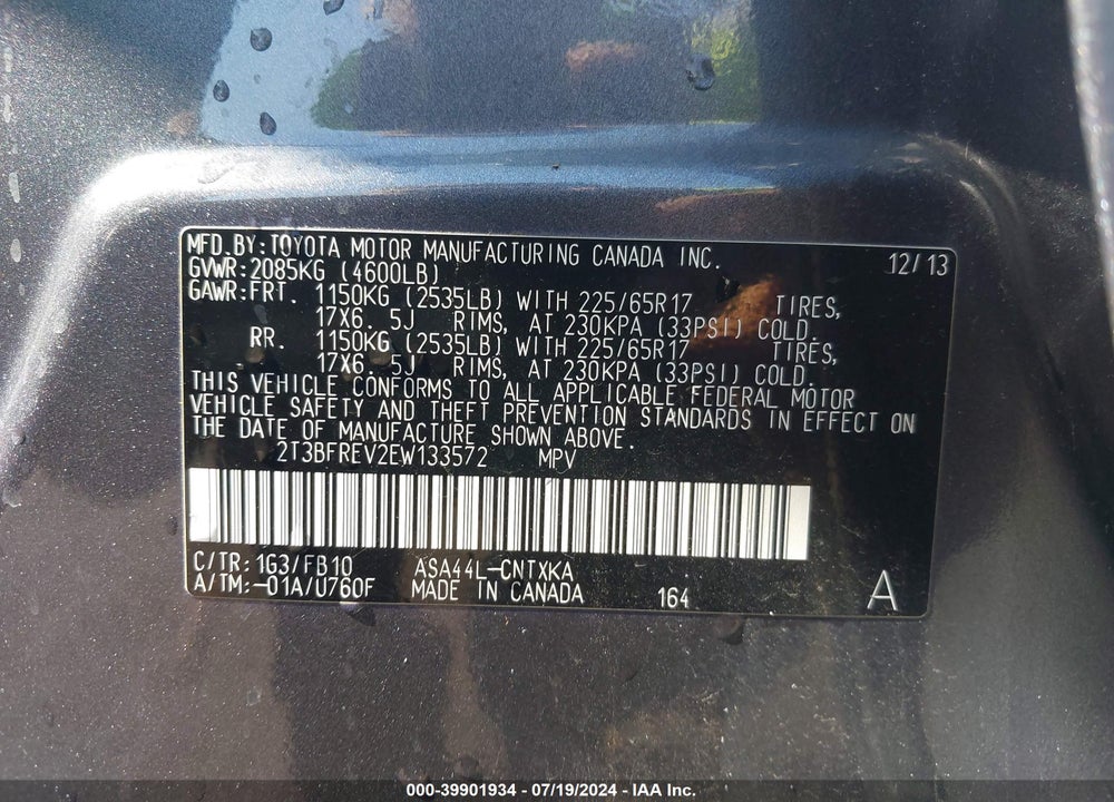 2014 TOYOTA RAV4 VIN: 2T3BFREV2EW133572