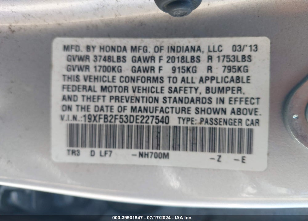 2013 HONDA CIVIC LX VIN: 19XFB2F53DE227540