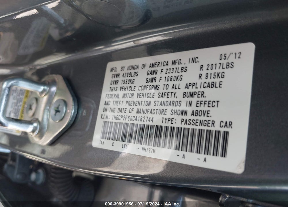 2012 HONDA ACCORD 2.4 SE VIN: 1HGCP2F60CA162744