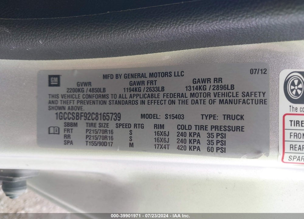 2012 CHEVROLET COLORADO WORK TRUCK VIN: 1GCCSBF92C8165739