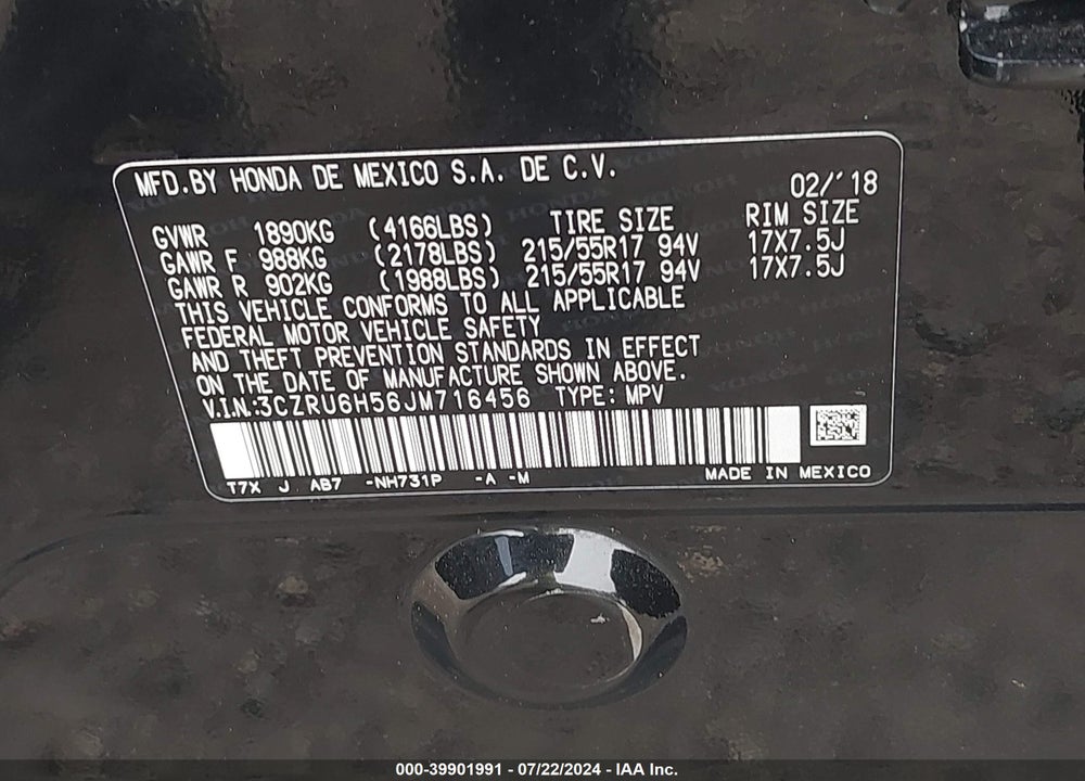 2018 HONDA HR-V EX VIN: 3CZRU6H56JM716456