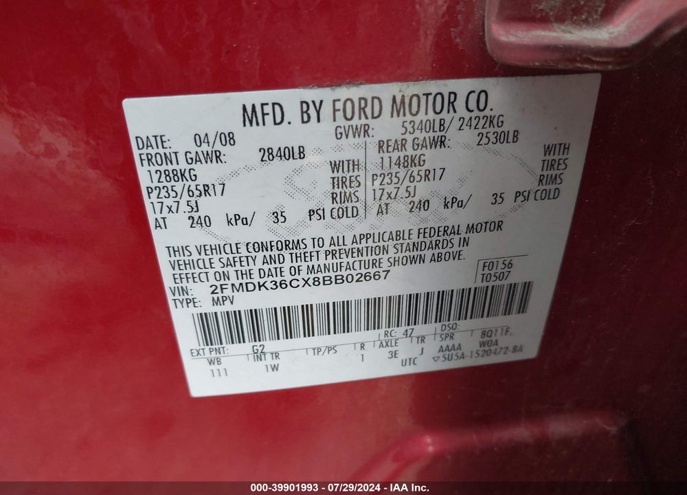 2008 FORD EDGE SE VIN: 2FMDK36CX8BB02667