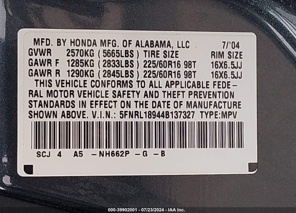 2004 HONDA ODYSSEY EX-L VIN: 5FNRL18944B137327